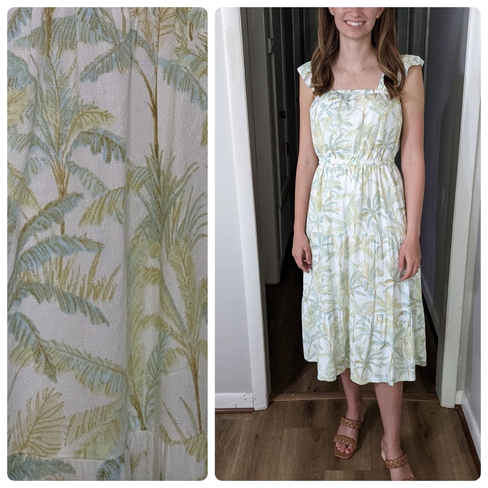 LAUREN CONRAD Palm Tree Coast Beach Square Neckline Midi Sleeveless Dress Small